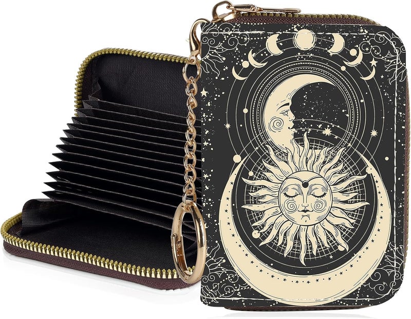 Luoycxy Credit Card Holder for Women,Small Rfid Wallet with Keychain Zipper,Cute PU Leather Card Case Wallet，Accordion Credit Card Wallets Gift,Sun Moon Face - Image 1